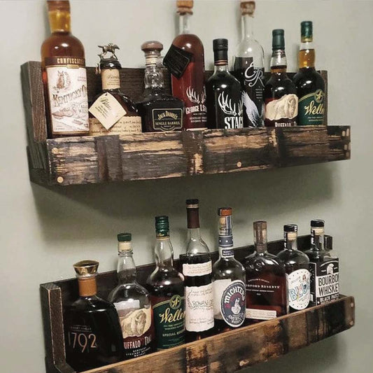 Set-of-2 | 30" Wall-Mounted Barrel Style Wine Rack - Solid Wood Whiskey Floating Shelf for Home Bar