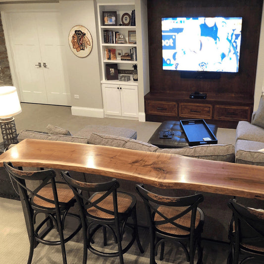 "Onegrain" Bar Table Breakfast Table β A Single-Slab Live Edge Console Table with Steel Legs, Born from One Grain, Made to Last