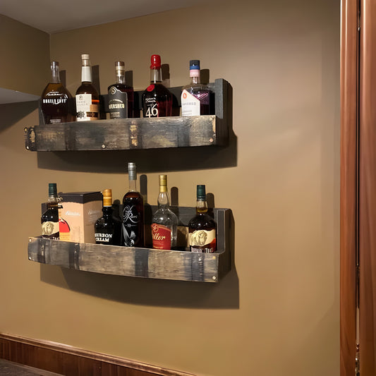 Set-of-2 | 30" Wall-Mounted Barrel Style Wine Rack - Solid Wood Whiskey Floating Shelf for Home Bar