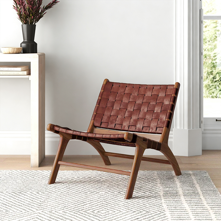 Saddle Leather Handwoven Chair - Oak Frame Handmade Recliner Chair