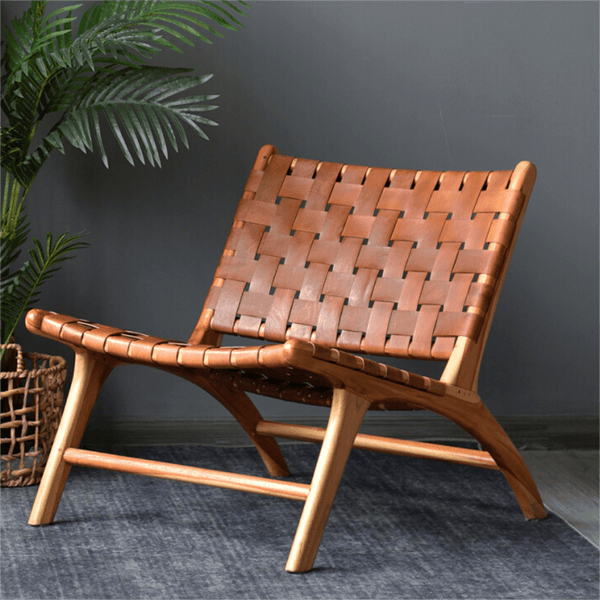 Solid Wood Backrest Waxed Cowhide Woven Recliner