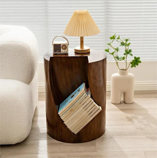 Tree Stump Side Table with Open Storage,Round Book Edge Cabinet,Creative Wooden Pile Storage