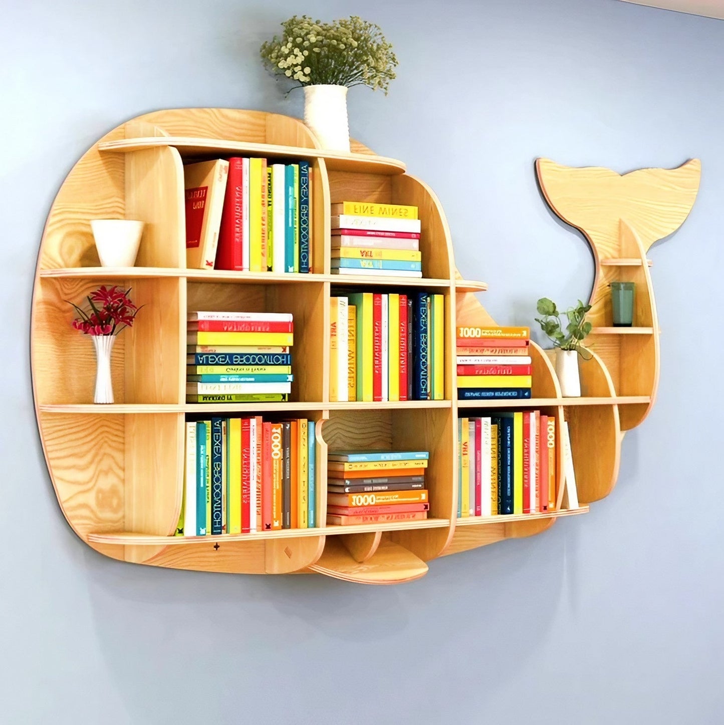 Wooden Bookshelves Whale Wall Animal Shape Bookshelf Kids Bookcases Storage Rack