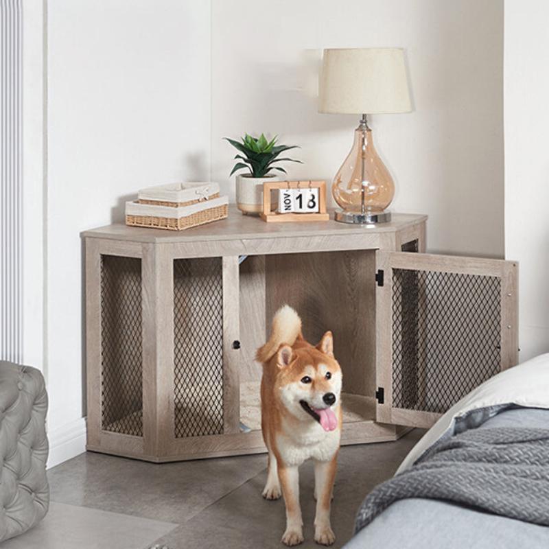 Corner Dog Crate Furniture Wooden Dog Kennel End Table With Mesh