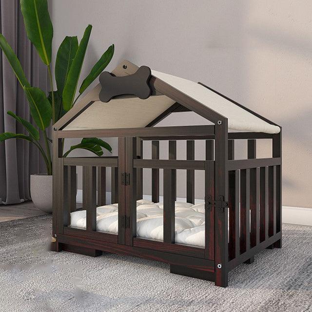 Solid Wood Doghouse with Overhanging Roof, Base and Cushion