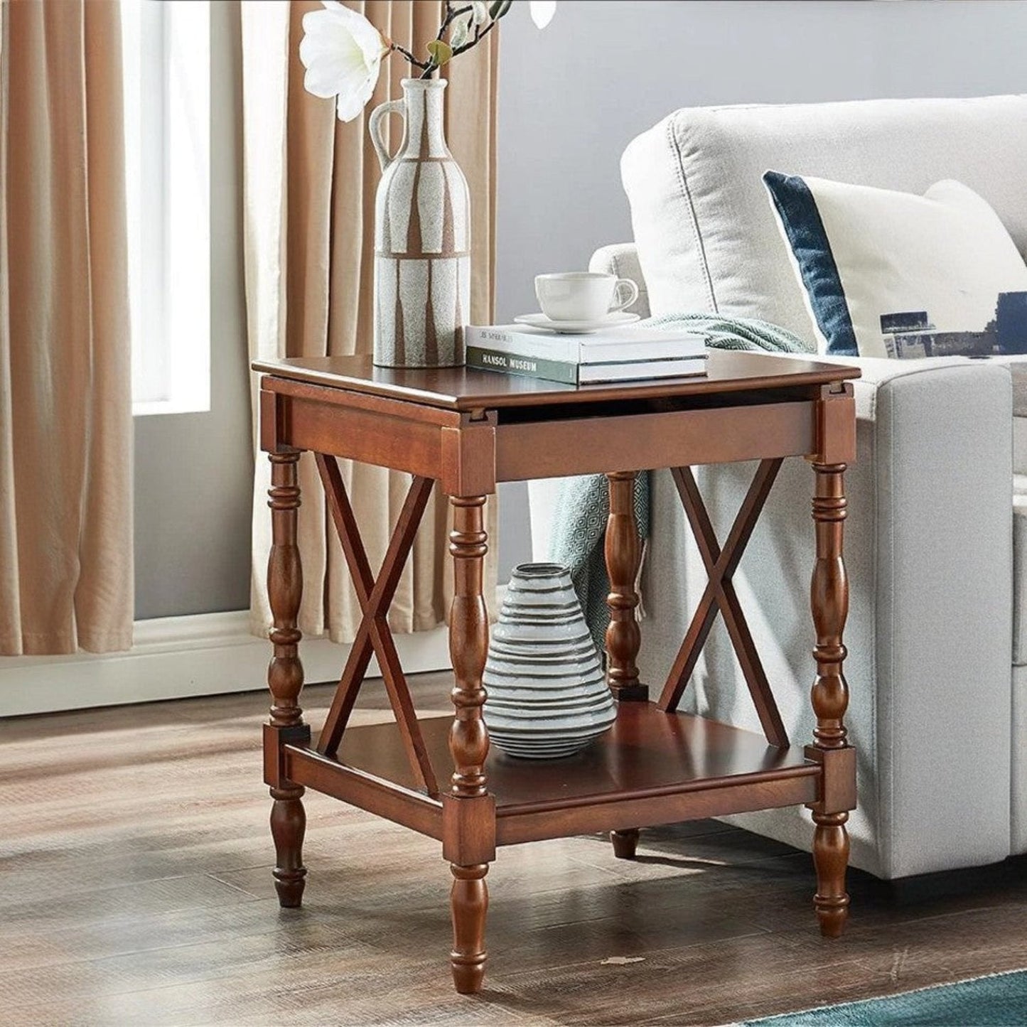 Oak Wood Sofa Side Table with Sliding Tabletop, Roman Column Table Legs Design Square Table