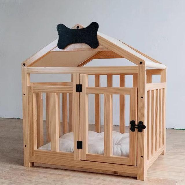 Solid Wood Doghouse with Overhanging Roof, Base and Cushion