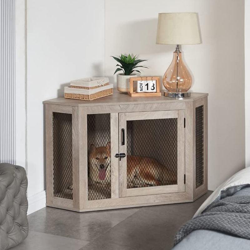 Corner Dog Crate Furniture Wooden Dog Kennel End Table With Mesh