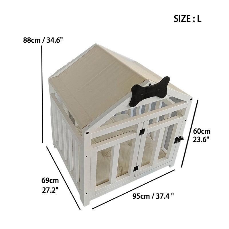 Solid Wood Doghouse with Overhanging Roof, Base and Cushion