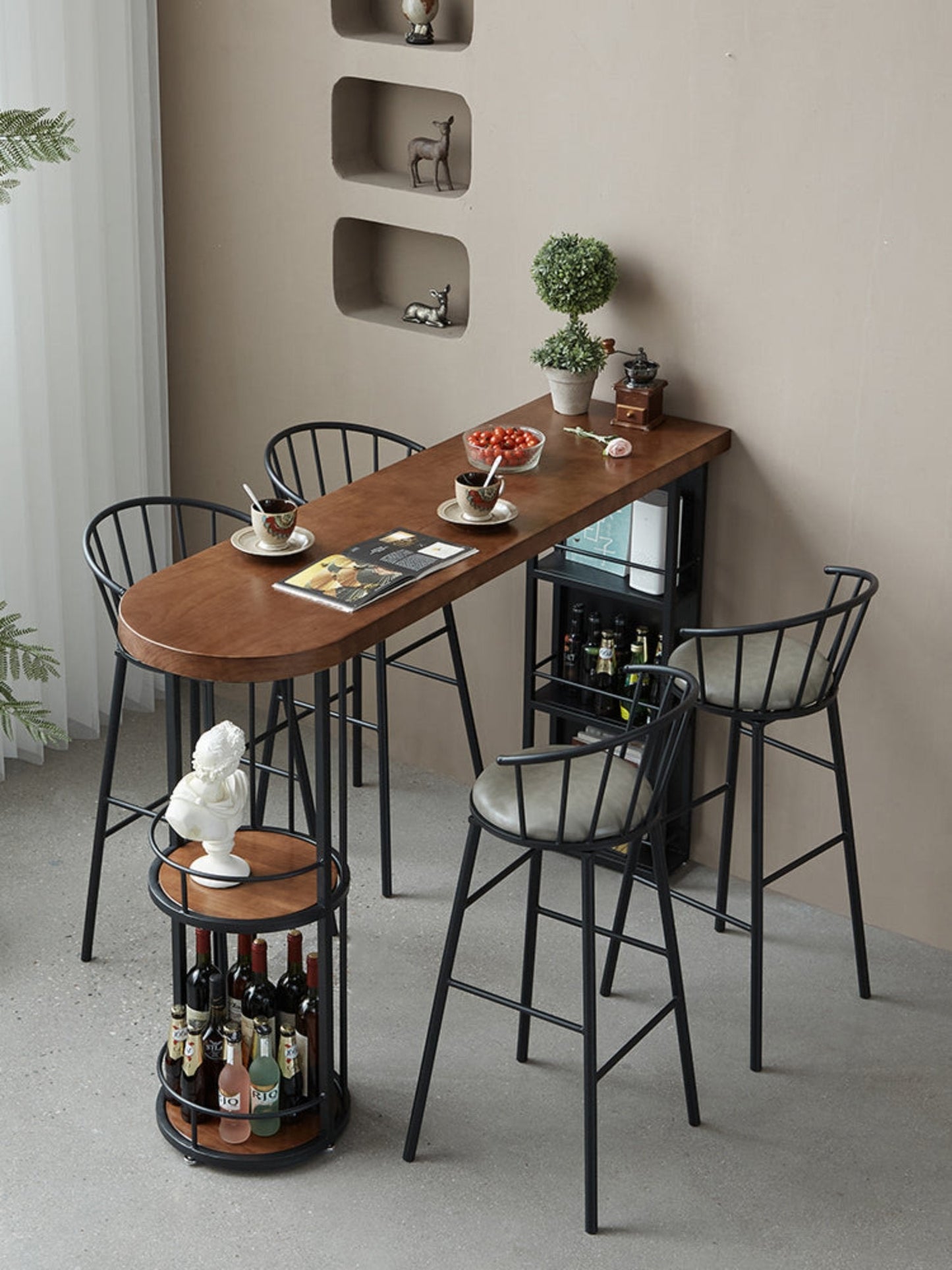 Solid wood bar table with storage shelf