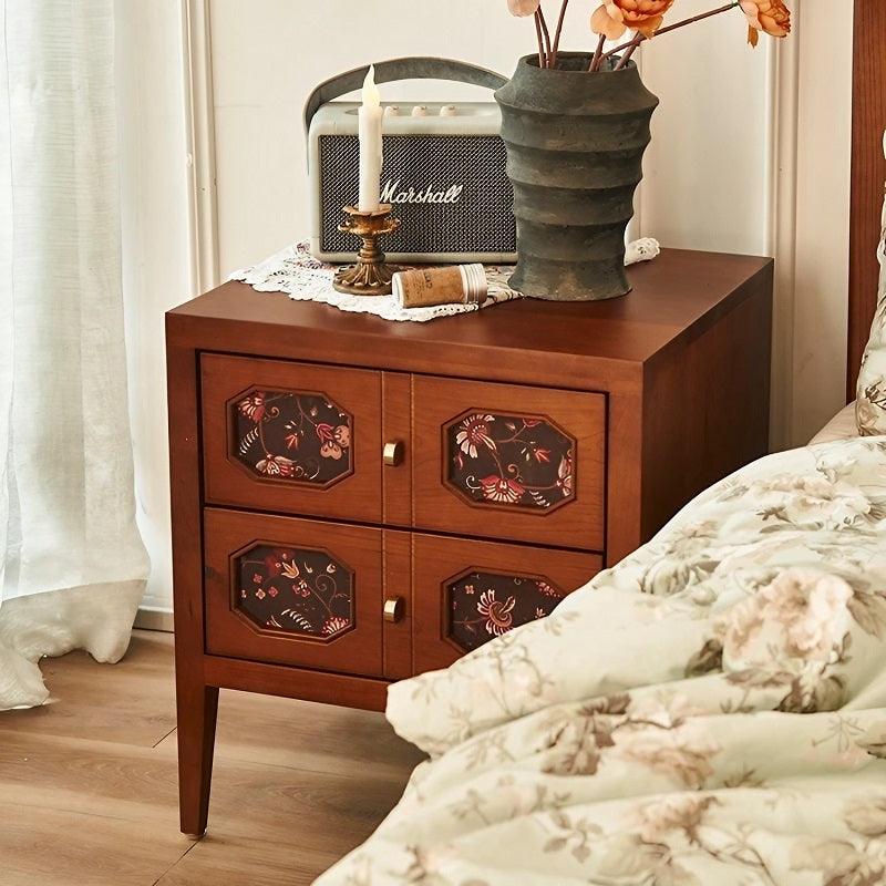 Solid Wood Retro Print Bedside Storage Cabinet