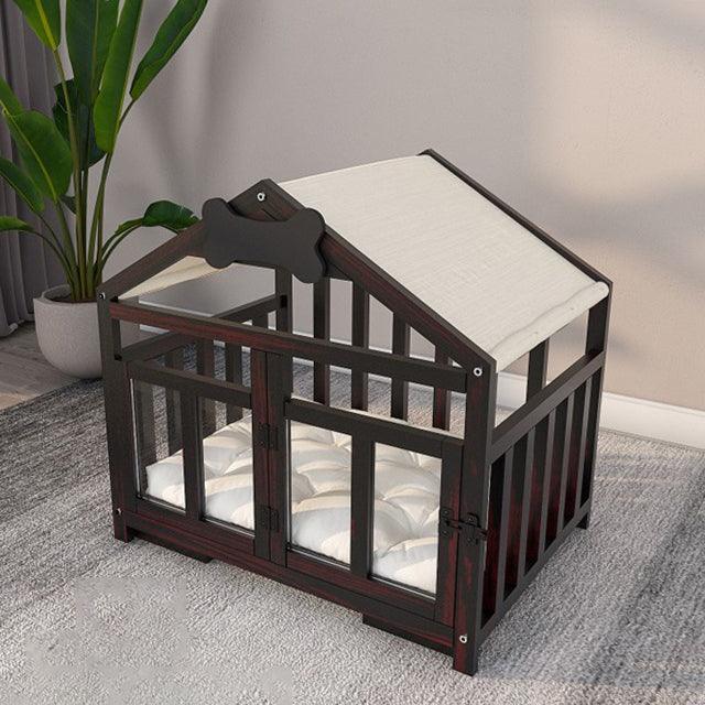 Solid Wood Doghouse with Overhanging Roof, Base and Cushion