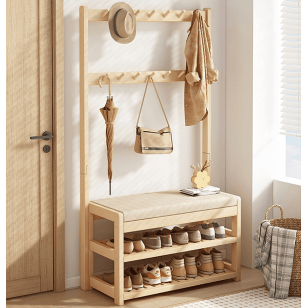 Solid Wood Shoe Rack with Coat and Hat Rack