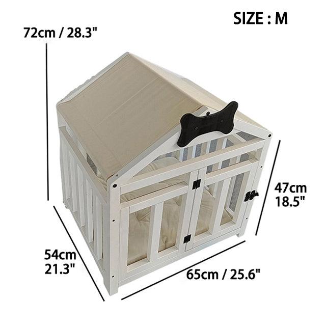 Solid Wood Doghouse with Overhanging Roof, Base and Cushion