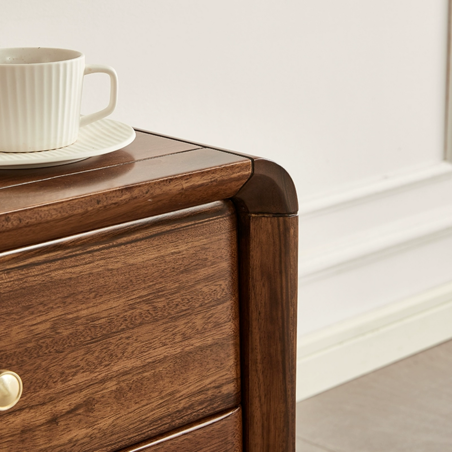 Walnut Solid Wood Double Drawer Nightstand Bedroom Bedside Cabinet