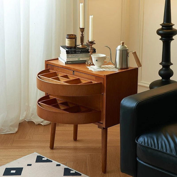 Vintage Solid Wood Rotating Storage Bedside Table, Rattan Dressing Table Cabinet