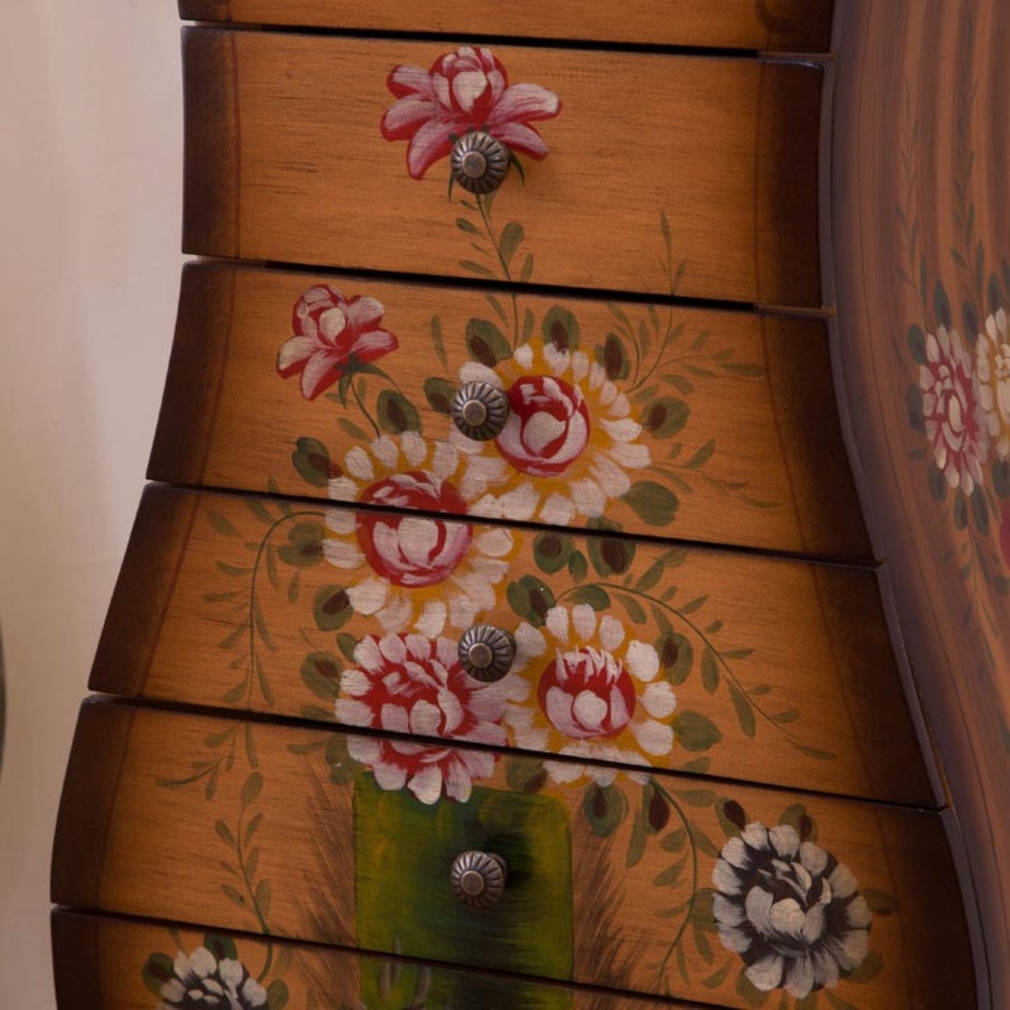 Rustic Hand-Painted Rectangle Storage Cabinet with 7 Drawers,Vase-Shaped Floral Surface Accent Chest