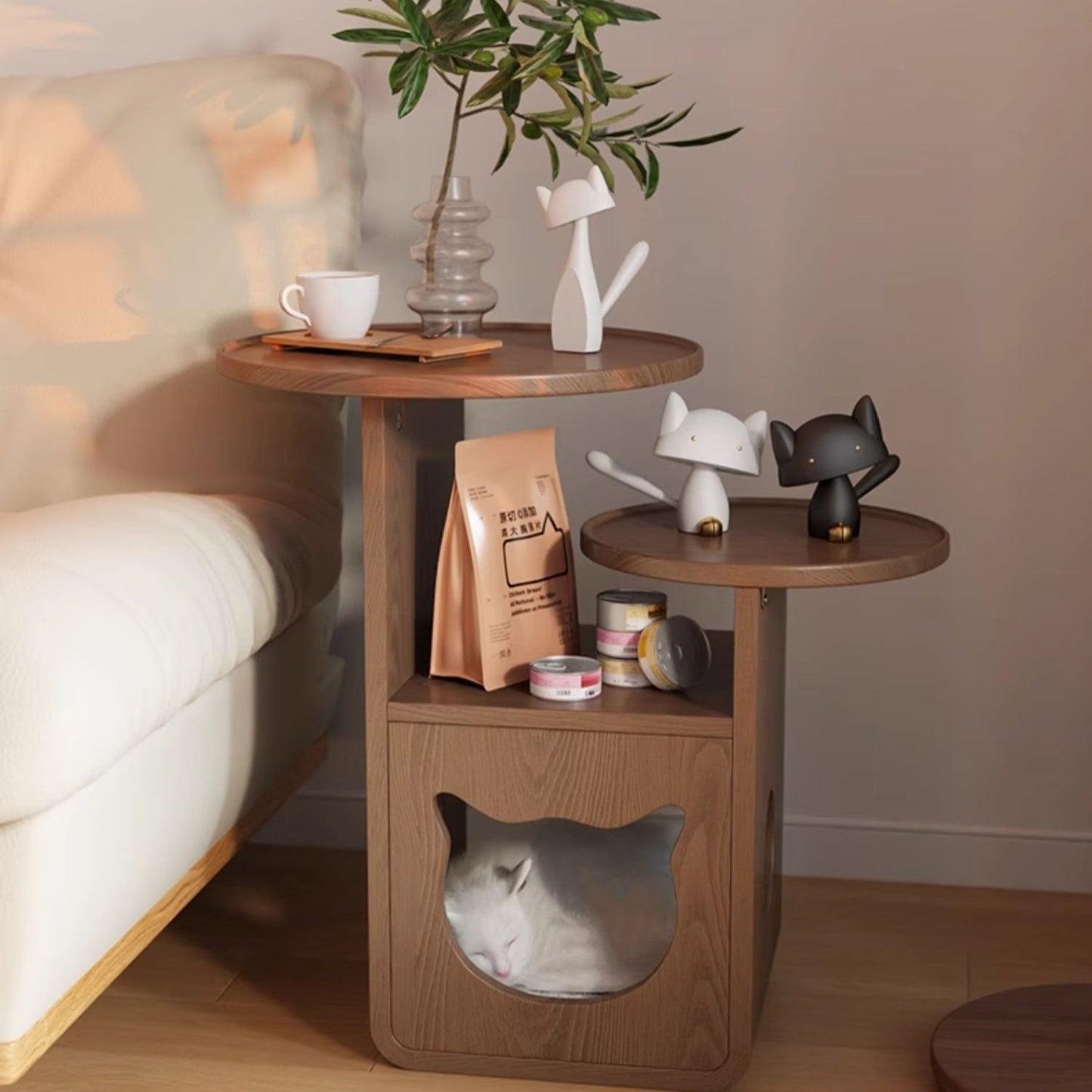 Solid Wood Cat Bed Side Table | Mini Coffee Table & Creative Corner Rack