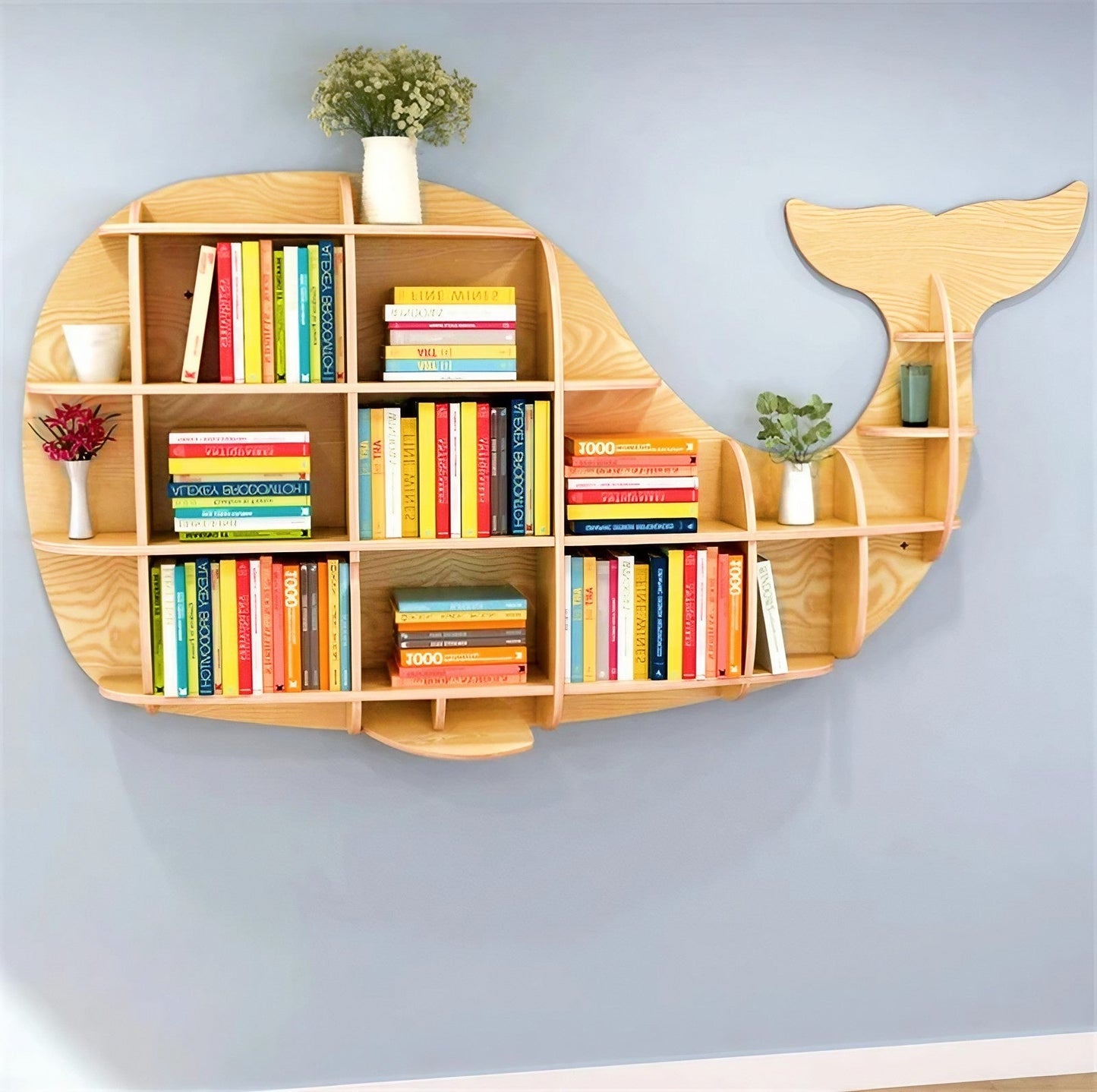 Wooden Whale Wall Animal Shape Bookshelf Storage Rack