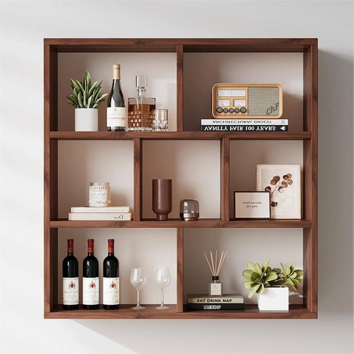 3-Tier Solid Wood Wall Mounted Bookshelf,Wine Rack,Cup Storage Rack,Wall Hanging Display