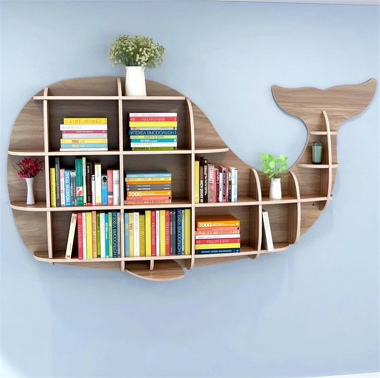 Wooden Whale Wall Animal Shape Bookshelf Storage Rack