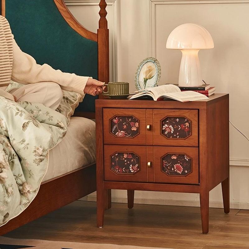 Solid Wood Retro Print Bedside Storage Cabinet