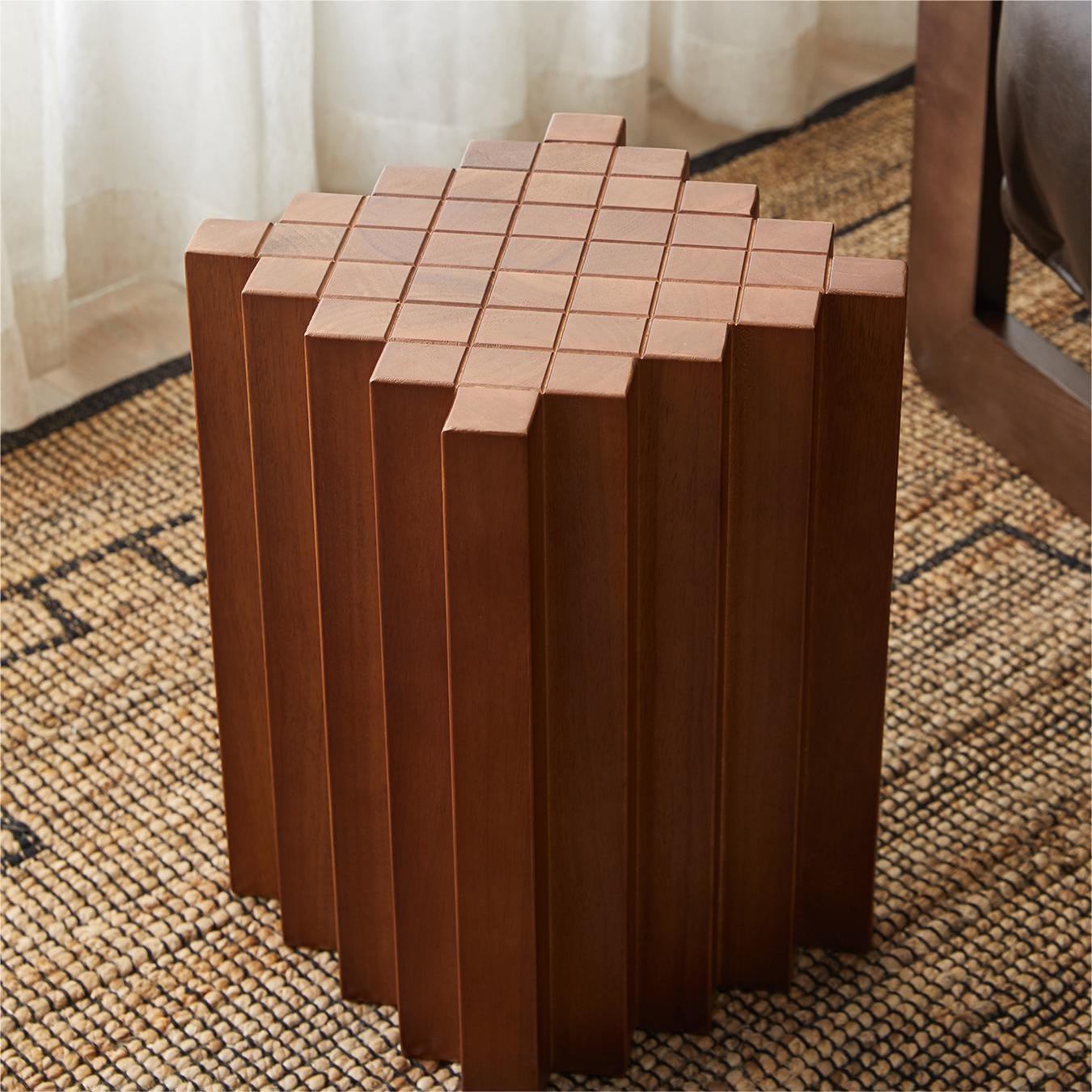 Checkerboard Inspired Side Table - Oak Wood - Patchwork Design