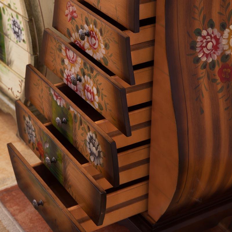 Rustic Hand-Painted Rectangle Storage Cabinet with 7 Drawers,Vase-Shaped Floral Surface Accent Chest