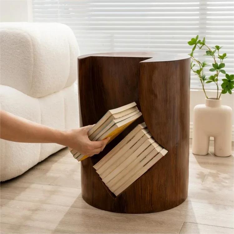 Tree Stump Side Table with Open Storage,Round Book Edge Cabinet,Creative Wooden Pile Storage