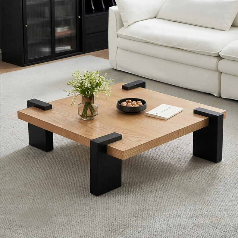 Solid Wood Square Coffee Table with Black Wooden Base, Heavy Wood Short Center Table