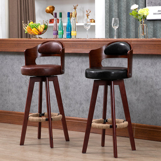 Cowhide Solid Wood Swivel Back Bar Chair