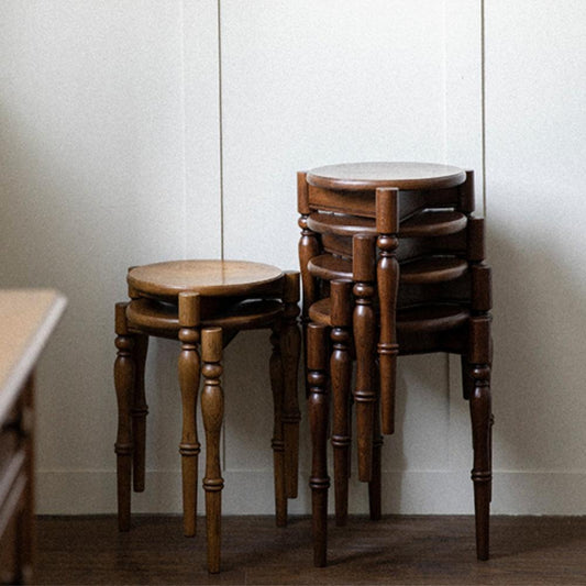 Vintage Oak Wood Round Stool - Stackable