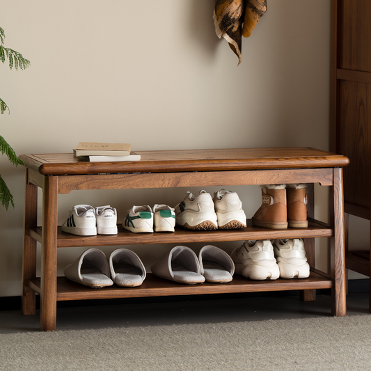 Solid Wood Entrance Shoe Bench Multi-Layer Storage Shoe Rack