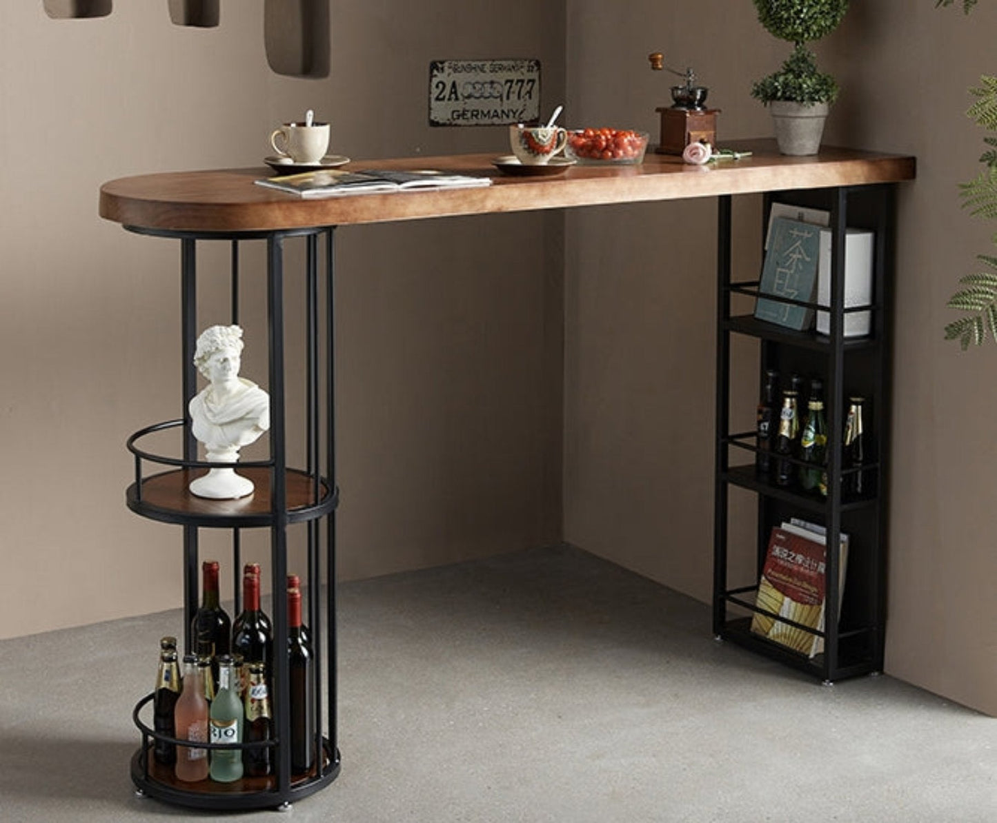 Solid wood bar table with storage shelf