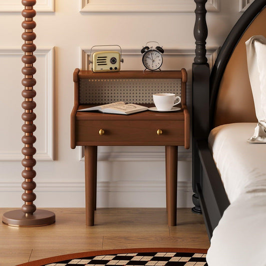 Bedroom Solid Wood Rattan Double Bedside Table With 2-drawer