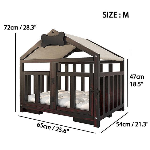 Solid Wood Doghouse with Overhanging Roof, Base and Cushion