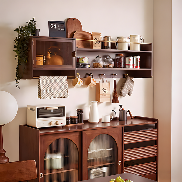 Solid Wood Wall-Mounted Sideboard, Wall Display Shelf, Floating Kitchen Storage Cabinet