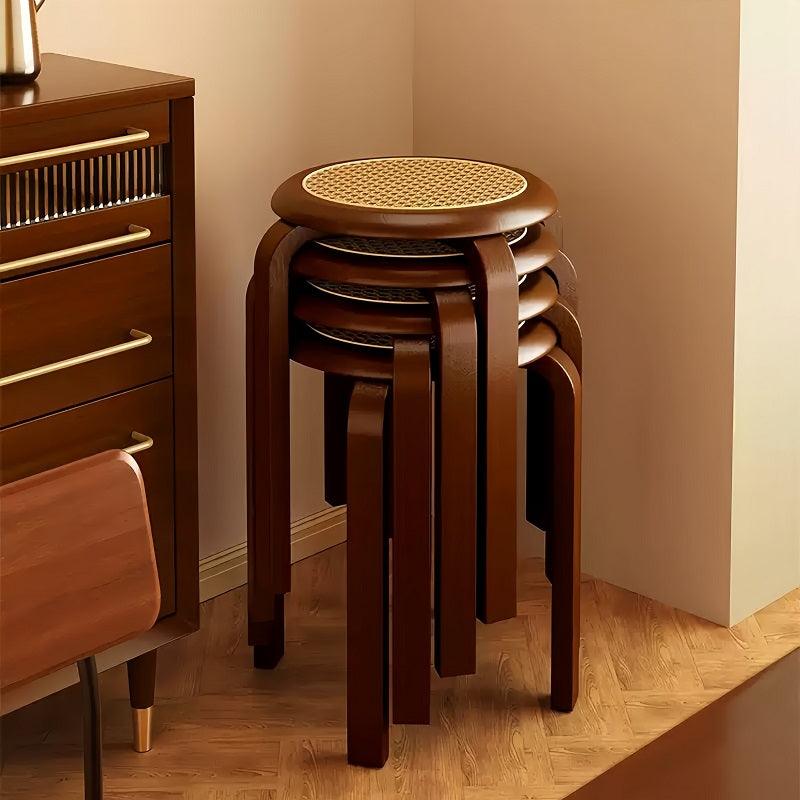 Set of 2 | Walnut Rattan Stackable Round Stool Dining Stool /Chair ...