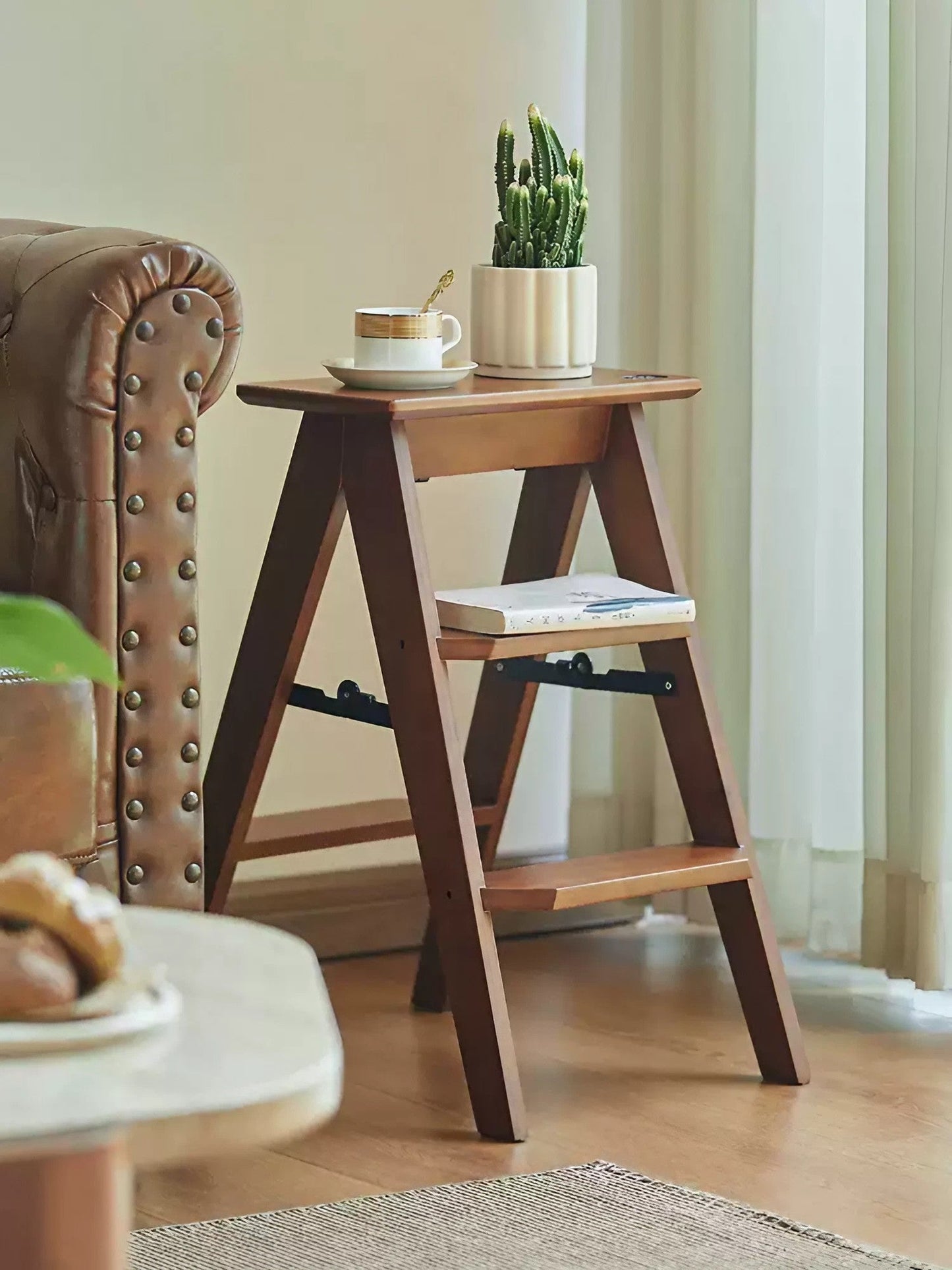 Bamboo Folding Ladder Stool Dual Purpose Ladder