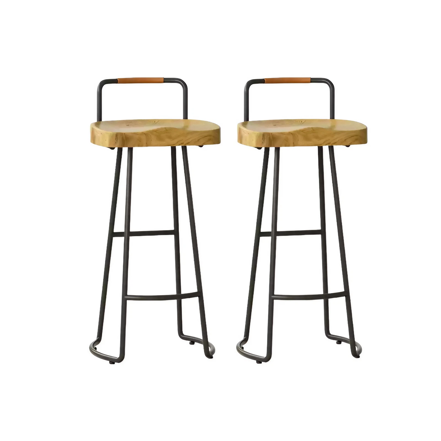 Set of 2 Solid Wood Wrought Iron Body Curved Bar Stool with Backs Counter Stools