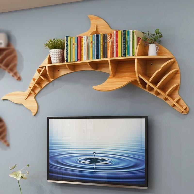 Wooden Dolphin Wall Animal Shape Bookshelf Storage Rack