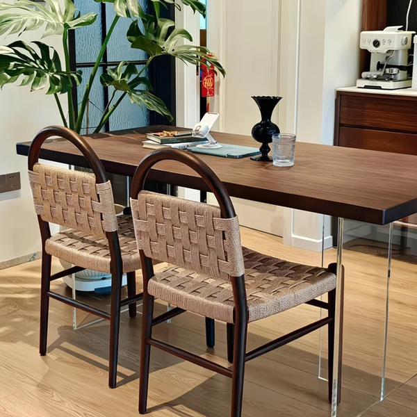 Set of 2 Solid Wood Dining Chairs with Handwoven Seat & Back