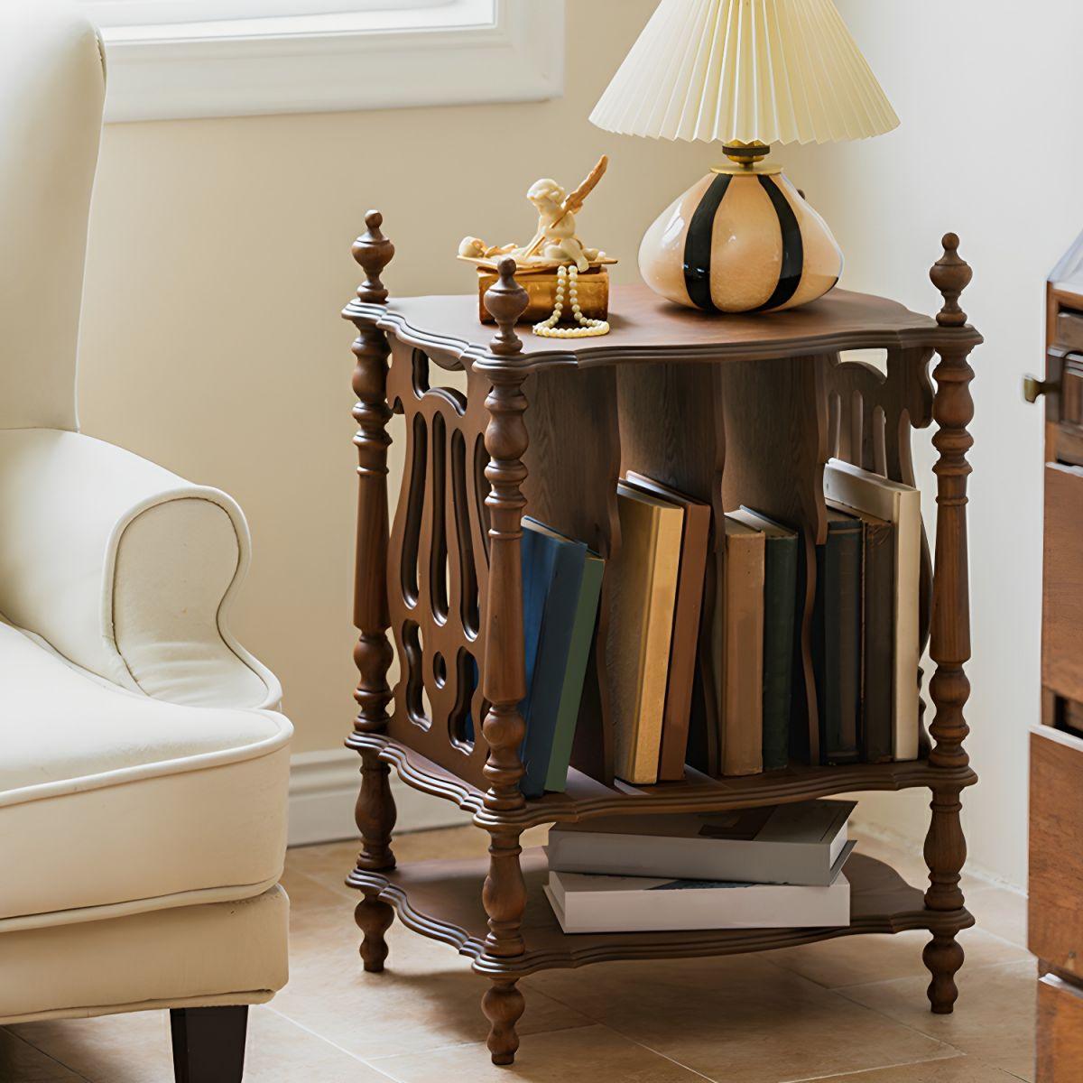 Scandinavian Solid Wood Side Table with Four Roman Column Leg & Base, Bookshelf Side Cabinet