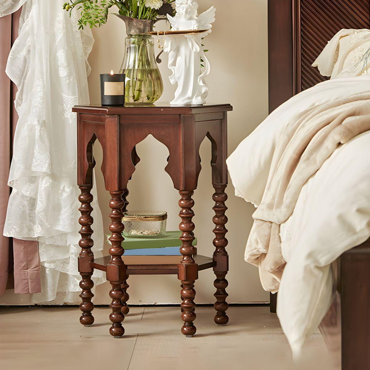 Hollow Hexagon Solid Wood End Table with Double Pedestal Base Storage ...