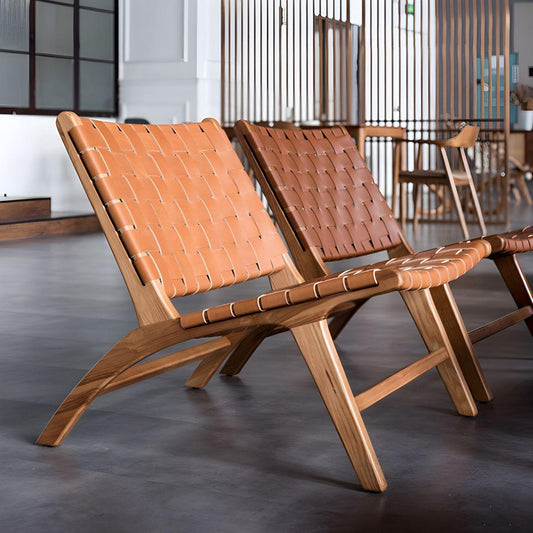 Handmade Leather Woven Lounge Chair - Mid Century Modern Oak Frame Lounge Chair, Hand-woven full-grain vegetable-tanned leather recliner