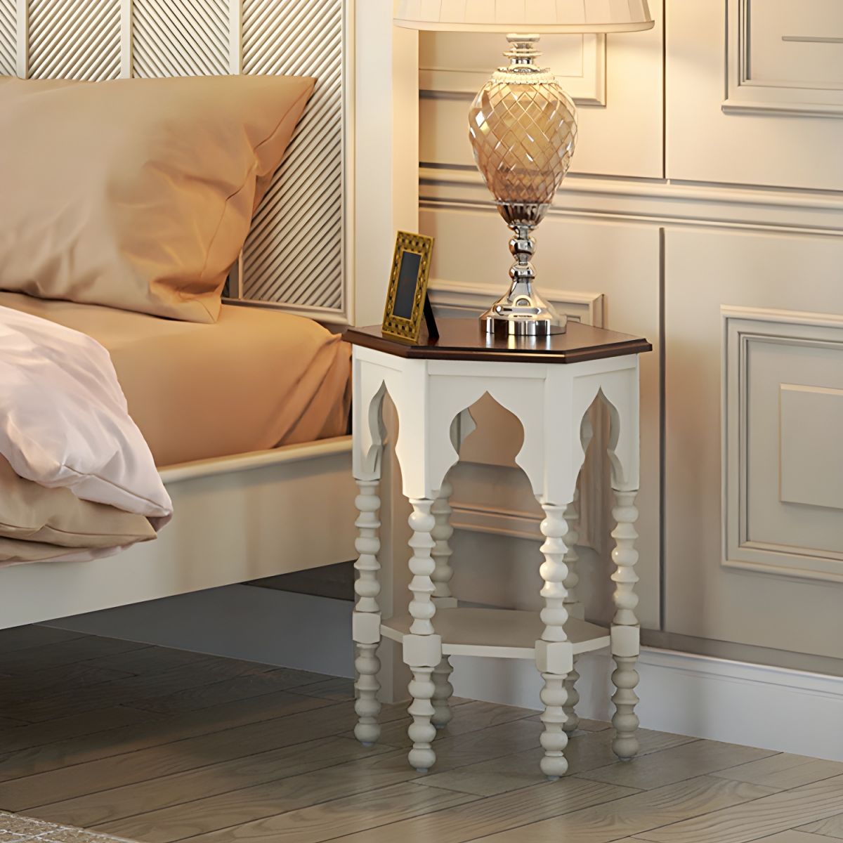 Hollow Hexagon Solid Wood End Table with Double Pedestal Base Storage Side Table Corner Table