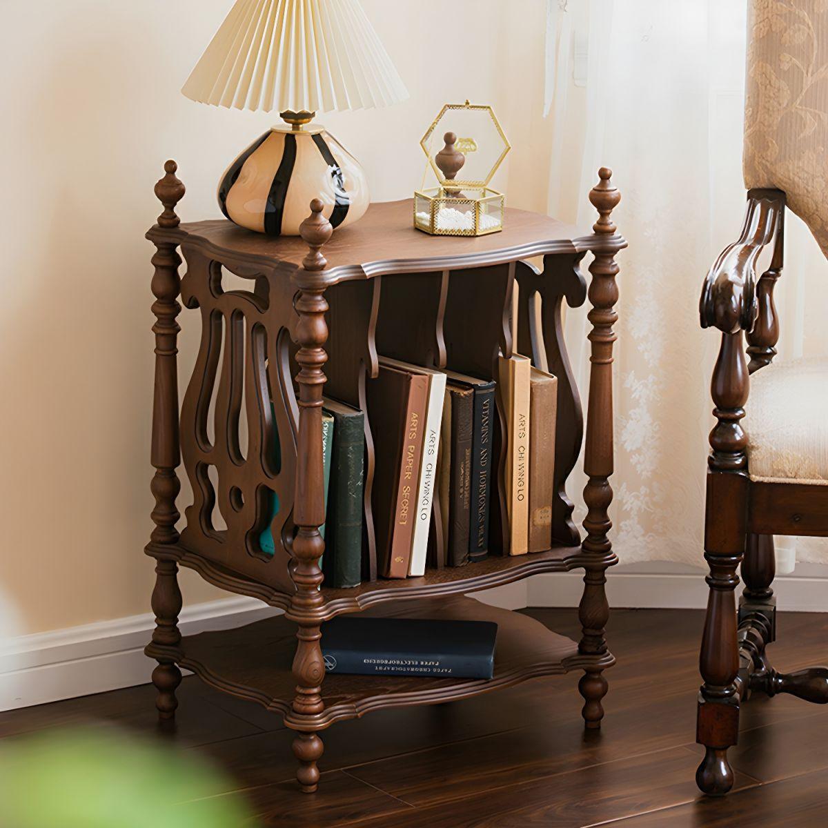 Scandinavian Solid Wood Side Table with Four Roman Column Leg & Base, Bookshelf Side Cabinet