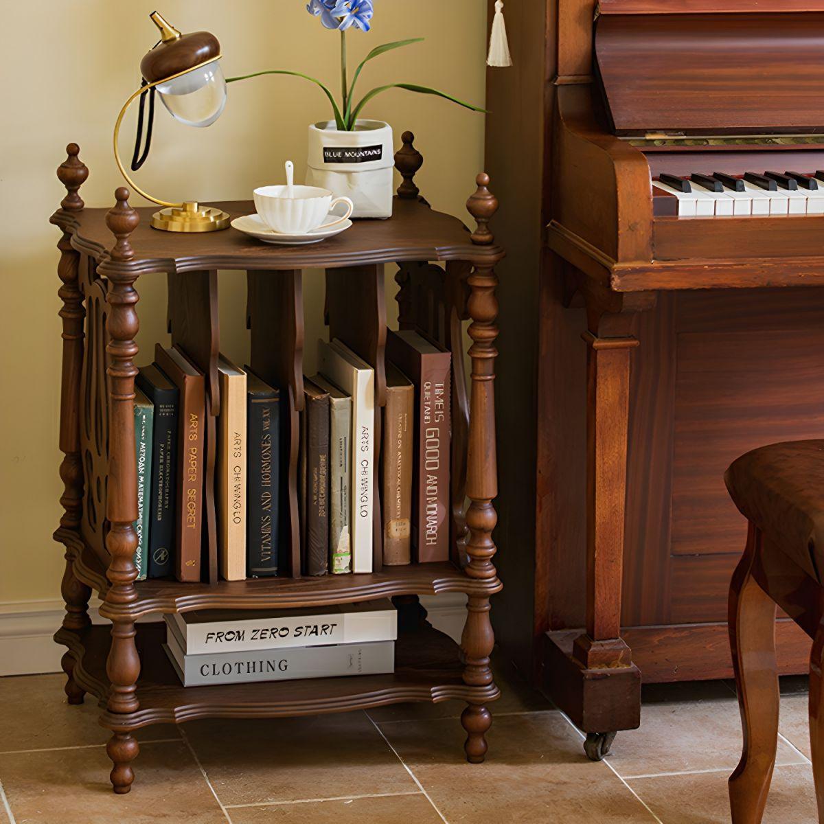 Scandinavian Solid Wood Side Table with Four Roman Column Leg & Base, Bookshelf Side Cabinet