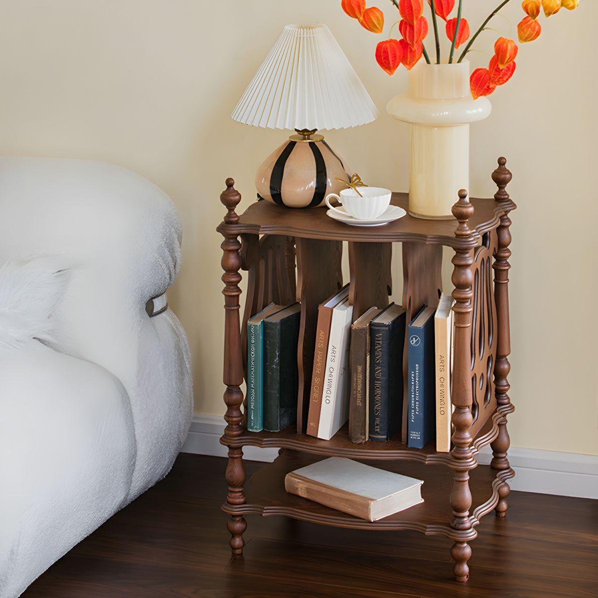 Scandinavian Solid Wood Side Table with Four Roman Column Leg & Base, Bookshelf Side Cabinet