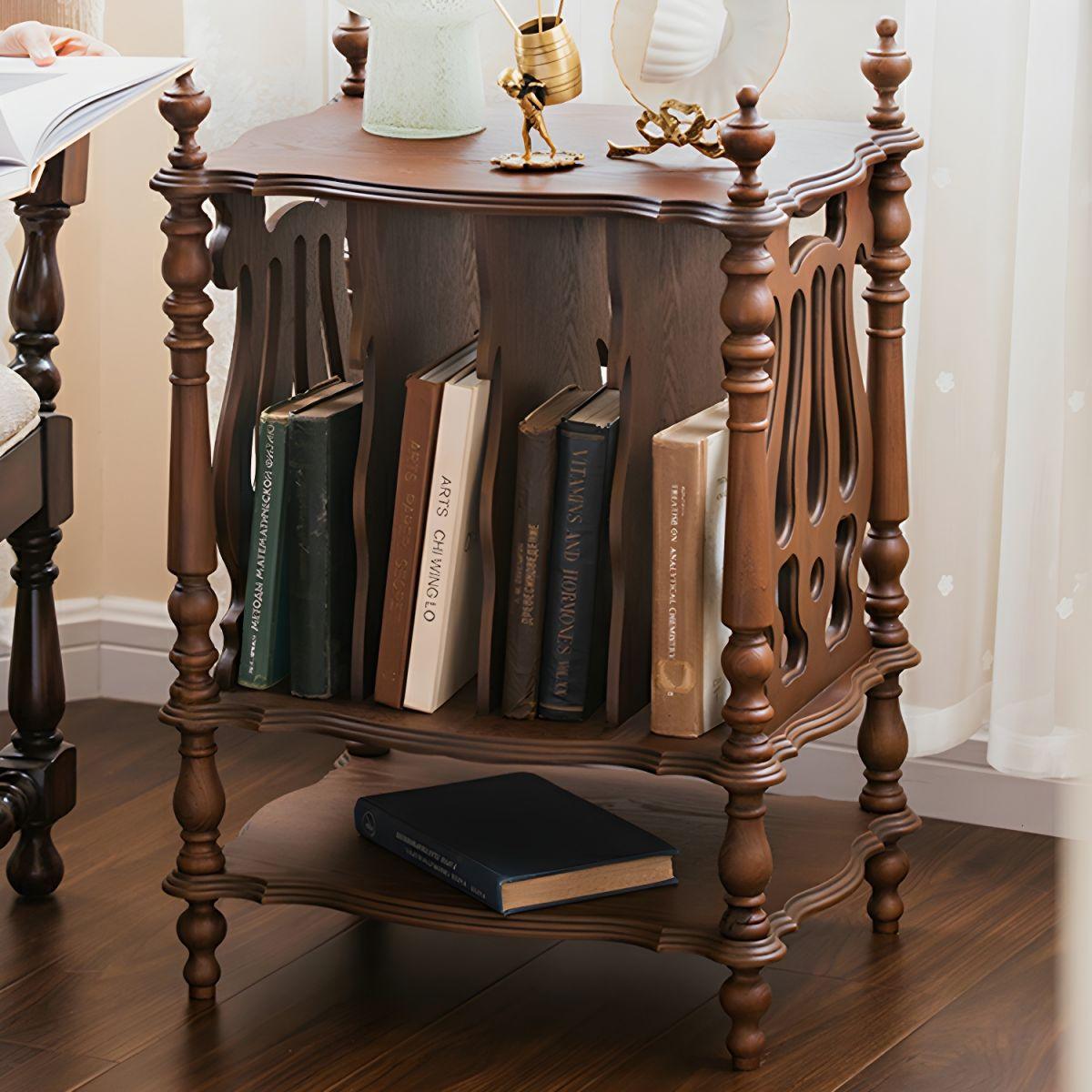 Scandinavian Solid Wood Side Table with Four Roman Column Leg & Base, Bookshelf Side Cabinet